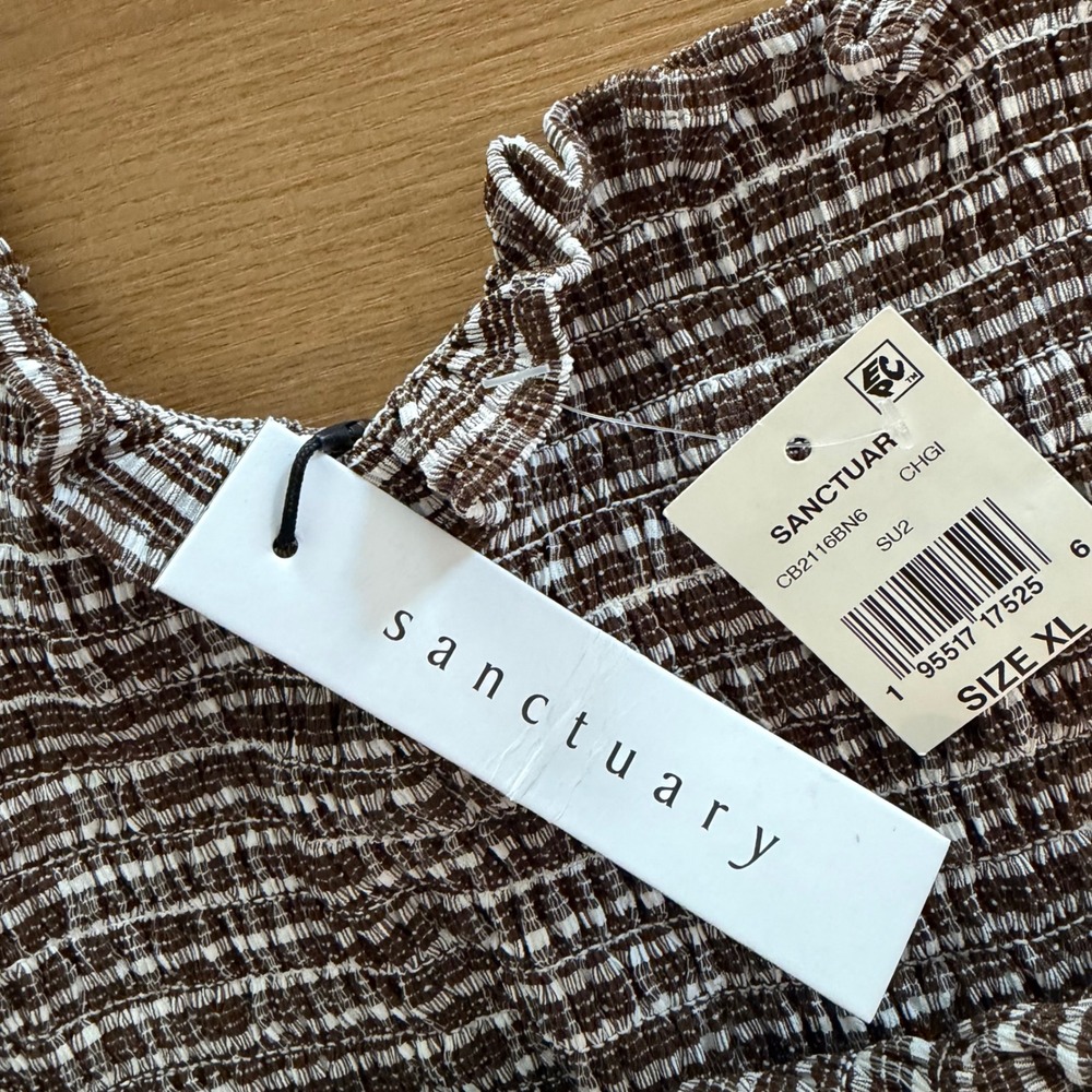 Sanctuary Smocked Gingham Tank Top Brown White Ruffle‎ XL CB2116BN6 - Picture 4 of 9